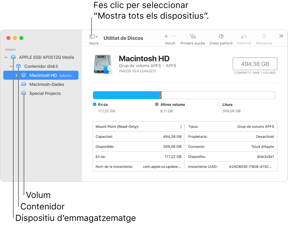 Una finestra de la Utilitat de Discos on es poden veure tres volums un contenidor i un dispositiu d’emmagatzematge a la vista “Mostra tots els dispositius”.