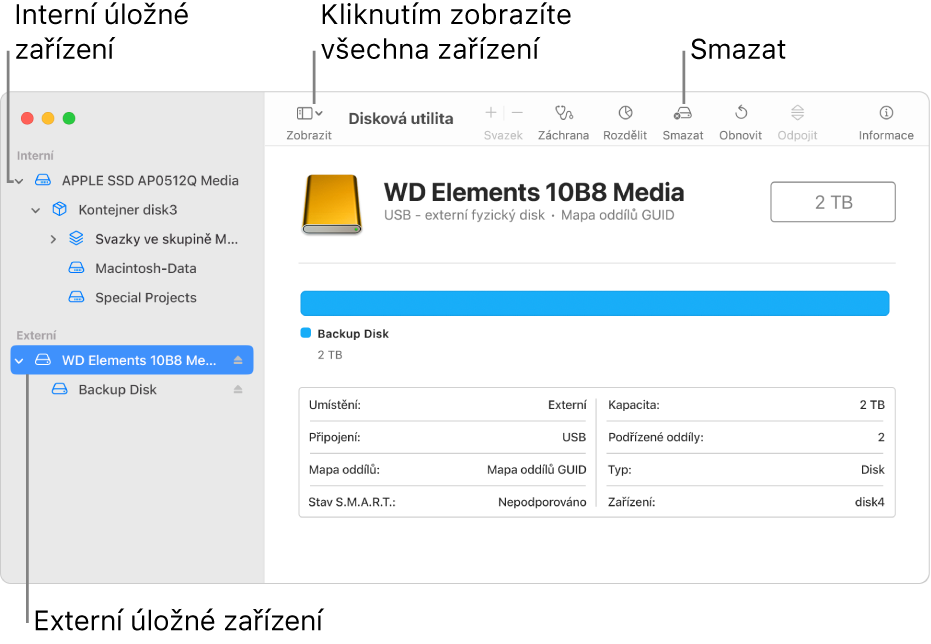 Okno Diskové utility se dvěma úložnými zařízeními v zobrazení Zobrazit všechna zařízení