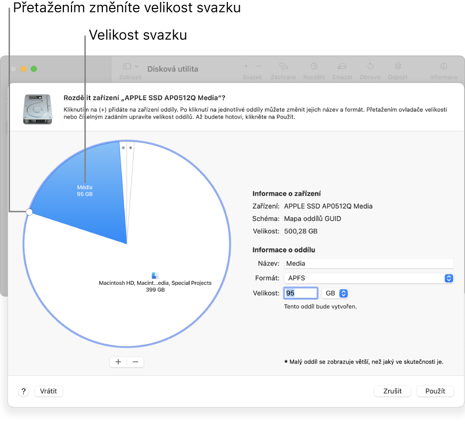 Okno Oddíly, v němž je vidět fyzický disk s několika oddíly