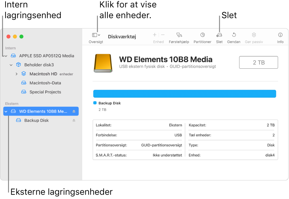 Et Diskværktøj-vindue, der viser to lagringsenheder i oversigten Vis alle enheder.