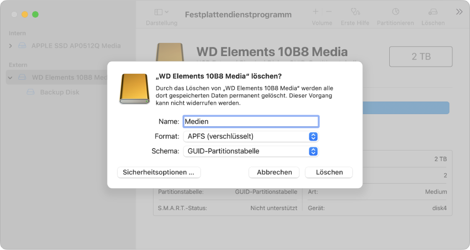 Fenster des Festplattendienstprogramms mit dem Dialogfenster „Löschen“, in dem gerade Einstellungen festgelegt werden, um ein externes Volume in ein APFS-verschlüsseltes Format zu formatieren.