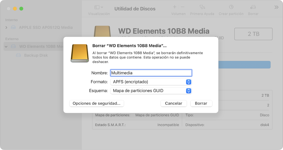 Una ventana de Utilidad de Discos con el cuadro de diálogo de borrado configurándose para reformatear una unidad externa con un formato APFS encriptado.