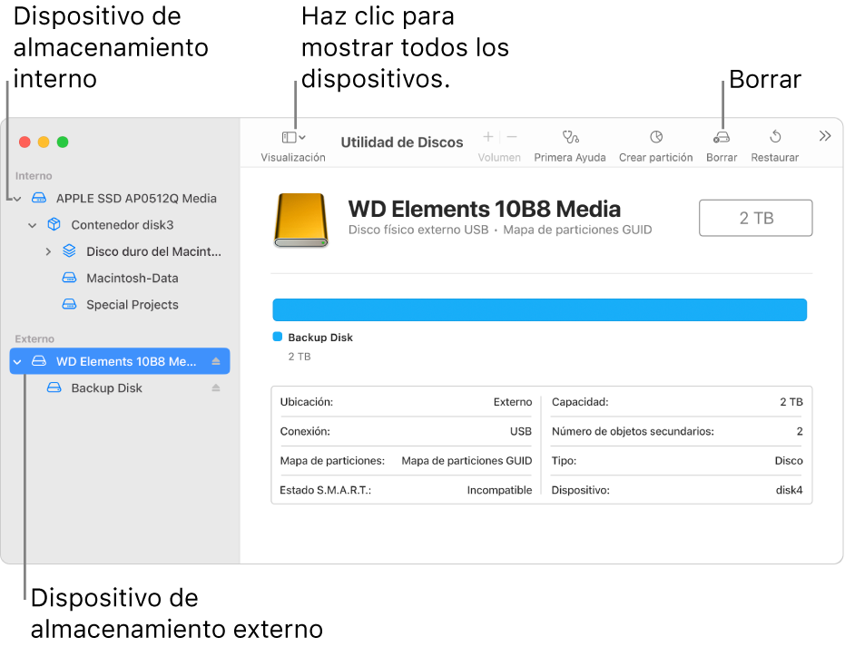 Una ventana de Utilidad de Discos con dos dispositivos de almacenamiento en la vista “Mostrar todos los dispositivos”.