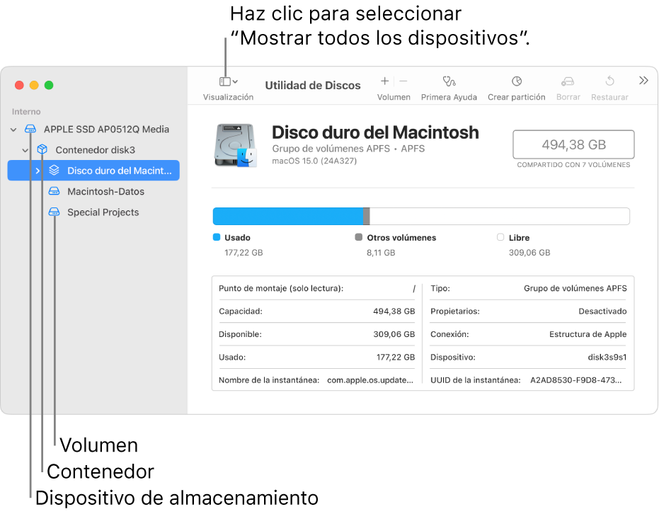 Una ventana de Utilidad de Discos, con tres volúmenes, un contenedor y un dispositivo de almacenamiento en la visualización “Mostrar todos los dispositivos”.