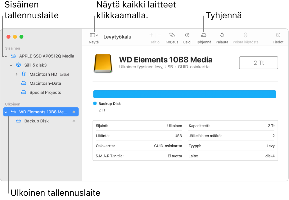 Levytyökalu-ikkuna jossa näkyy kaksi tallennuslaitetta Näytä kaikki laitteet -näkymässä.