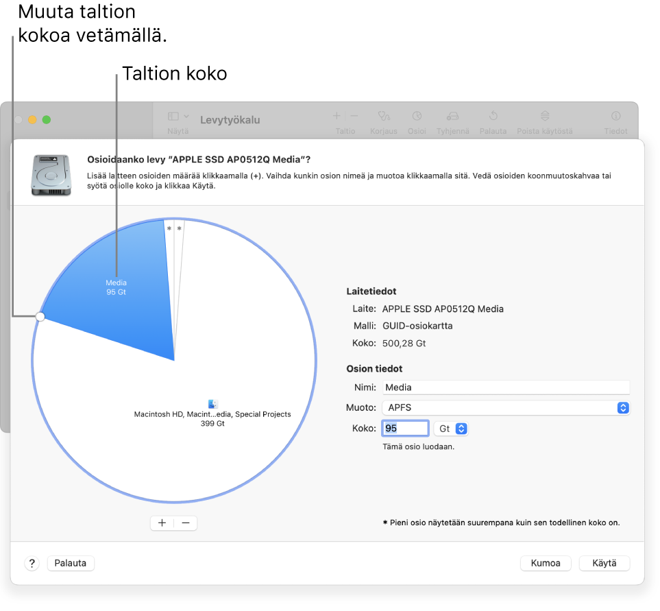 Osiot-ikkuna, jossa näkyy fyysinen levy ja useita osioita.