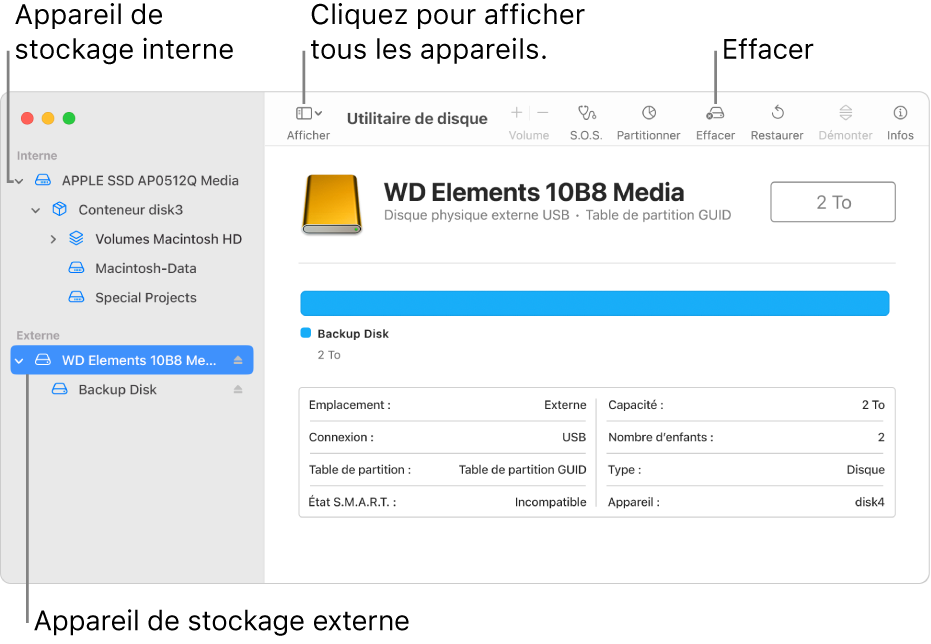 Une fenêtre Utilitaire de disque qui affiche deux appareils de stockage en présentation Afficher tous les appareils.