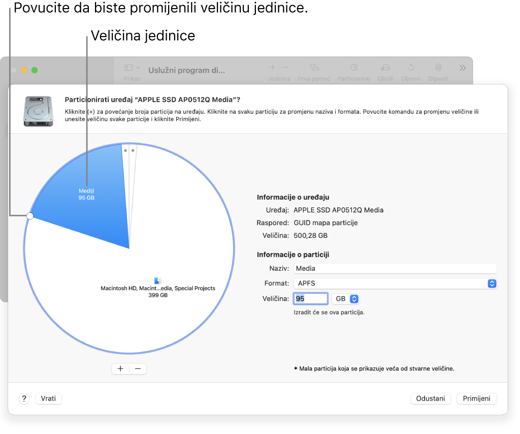 Prozor Particija s prikazom fizičkog diska s nekoliko particija.