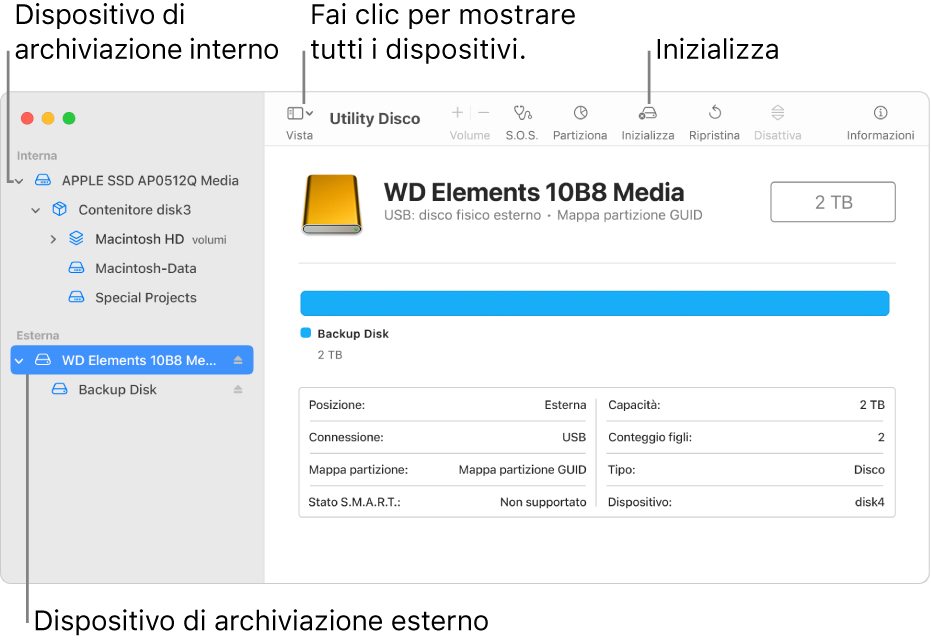 Una finestra di Utility Disco che mostra due dispositivi di archiviazione nella vista “Mostra tutti i dispositivi”.