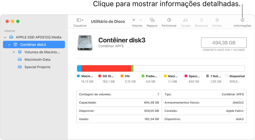 Uma janela do Utilitário de Disco mostrando um dispositivo de armazenamento selecionado na barra lateral e informações sobre o dispositivo mostradas à direita.