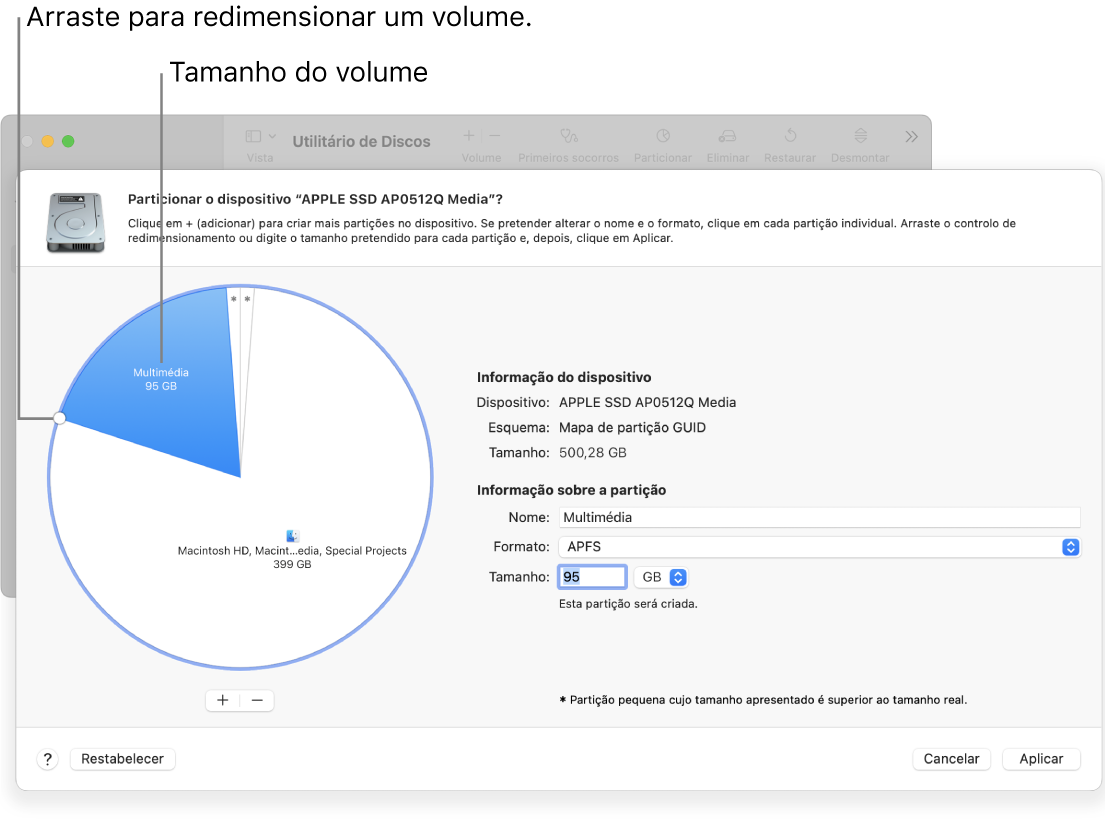 A janela “Partições” a mostrar um disco físico com várias partições.