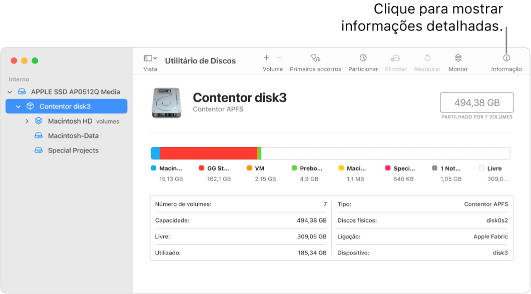 Uma janela do Utilitário de Discos a mostrar um dispositivo de armazenamento selecionado na barra lateral e informações acerca do dispositivo apresentadas à direita.