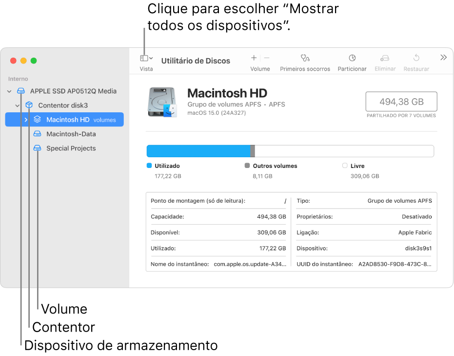 Uma janela do Utilitário de Discos a mostrar três volume um contentor e um dispositivo de armazenamento na vista "Mostrar todos os dispositivos".
