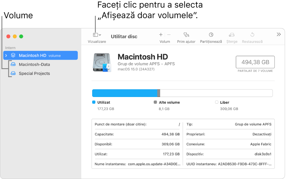O fereastră Utilitar disc în vizualizarea Afișează doar volumele.