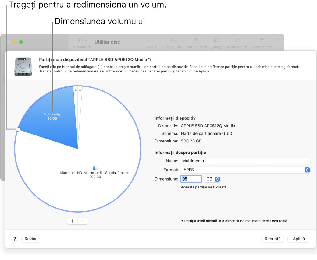 Fereastra Partiții afișând un disc fizic cu mai multe partiții.