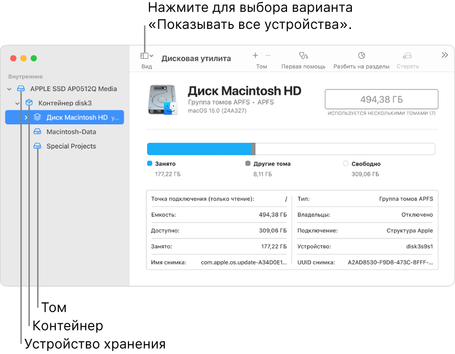 Окно Дисковой утилиты в режиме «Показывать все устройства». Показаны три тома, контейнер и устройство хранения.