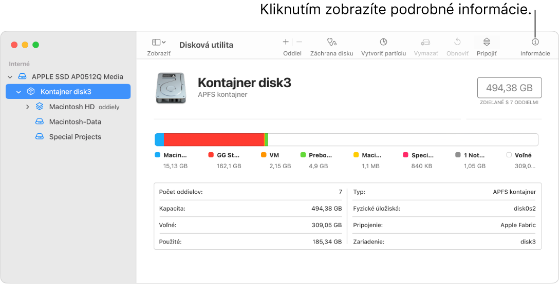 Okno Diskovej utility zobrazujúce úložné zariadenie označené v postrannom paneli a informácie o zariadení zobrazené na pravej strane.