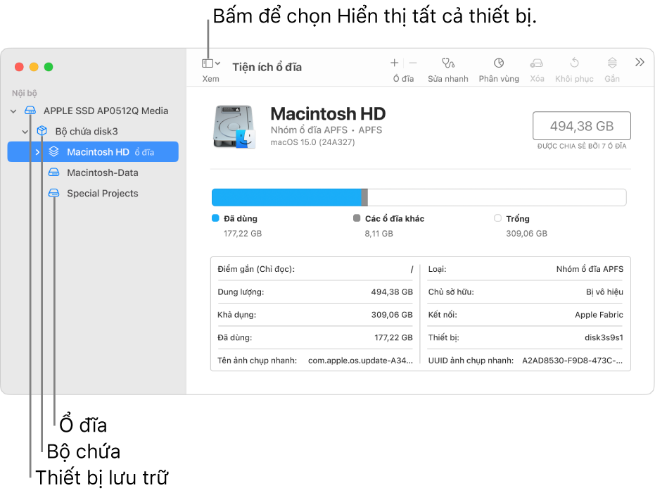 Cửa sổ Tiện ích ổ đĩa đang hiển thị ba ổ đĩa, một bộ chứa và một thiết bị lưu trữ trong chế độ xem Hiển thị tất cả thiết bị.