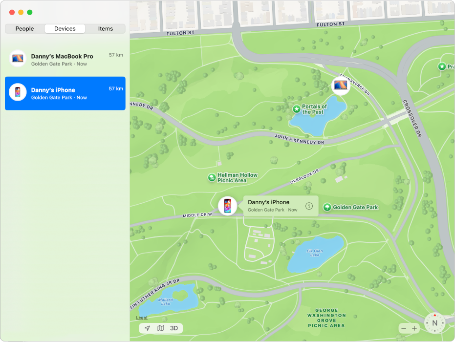 The Find My app showing a list of devices in the sidebar and their locations on a map.