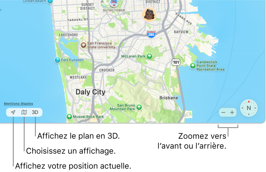 Affichage de la fenêtre Localiser montrant la position de personnes sur un plan. En bas à gauche, des boutons vous servent à voir votre position actuelle, choisir une présentation et afficher le plan en  3D. En bas à droite, utilisez les boutons de zoom pour effectuer un zoom avant ou arrière sur le plan.