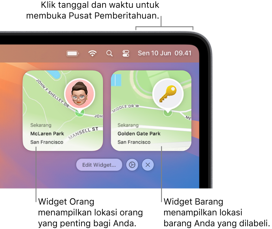 Dua widget Lacak—widget Orang menampilkan lokasi orang, dan widget Barang menampilkan lokasi kunci. Klik tanggal dan waktu di bar menu untuk membuka Pusat Pemberitahuan.