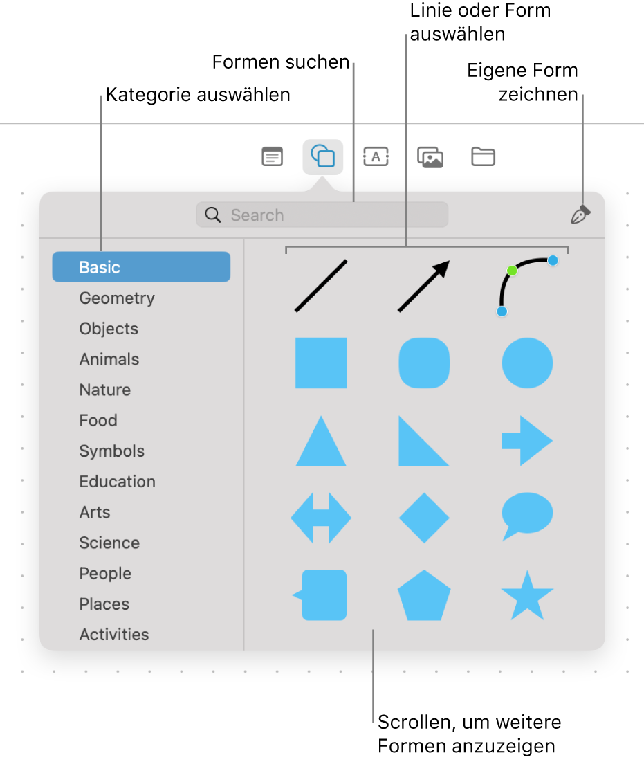 Die Formen-Mediathek mit einem Suchfeld oben, einer Kategorienliste links und einer Auswahl von Formen rechts. Wähle eine Form aus der Sammlung, scrolle, um mehr Formen anzuzeigen, oder zeichne deine eigene Form mit dem Stiftwerkzeug.