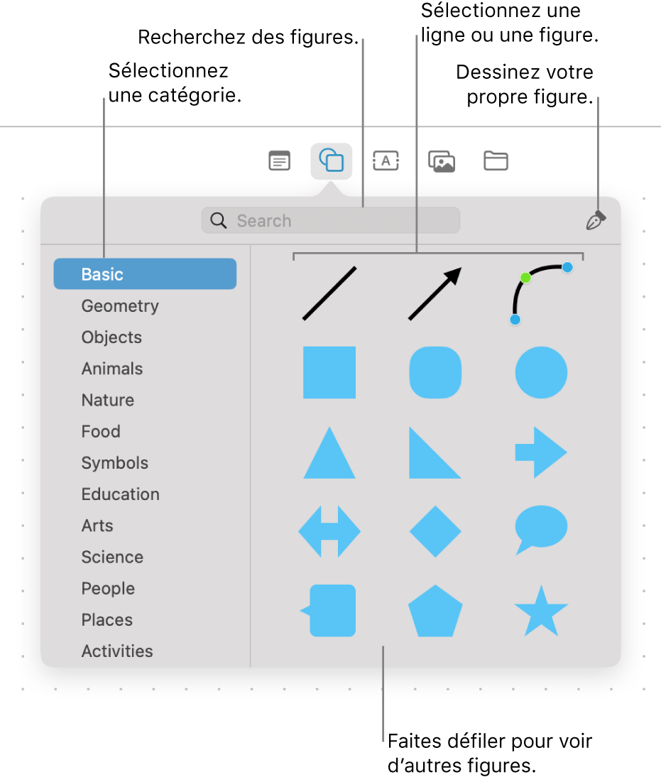 La bibliothèque de figures, avec un champ de recherche en haut, une liste de catégories à gauche, ainsi qu’une collection de figures à droite. Sélectionnez une figure à partir d’une collection, faites défiler la fenêtre pour voir d’autres figures ou dessinez la vôtre avec l’outil crayon.