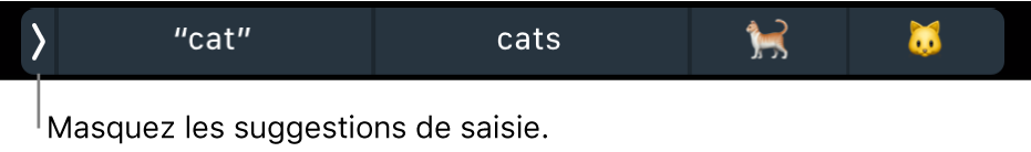 Suggestions de saisie comprenant des mots et des emoji ; le bouton affiché à gauche permet de masquer les suggestions.