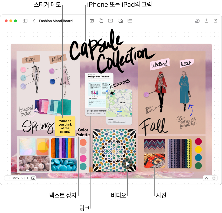 iPhone 또는 iPad에서 그린 그림, 스티커 메모, 링크, 텍스트 상자, 비디오 및 여러 장의 사진 등 다양한 항목이 있는 Freeform 보드.