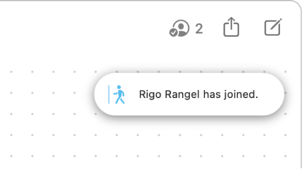 Prawy górny róg tablicy Freeform. Powiadomienie pokazuje, że uczestnik dołączył.
