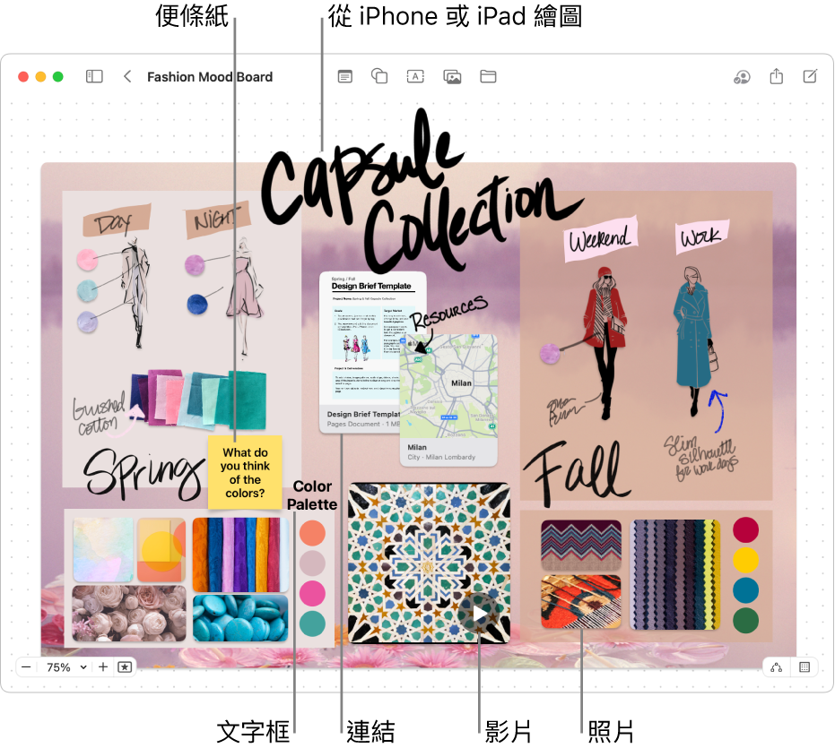 包含各種項目的「無邊記」白板，例如來自 iPhone 或 iPad 的繪圖、便條紙、連結、文字框、影片和幾張照片。