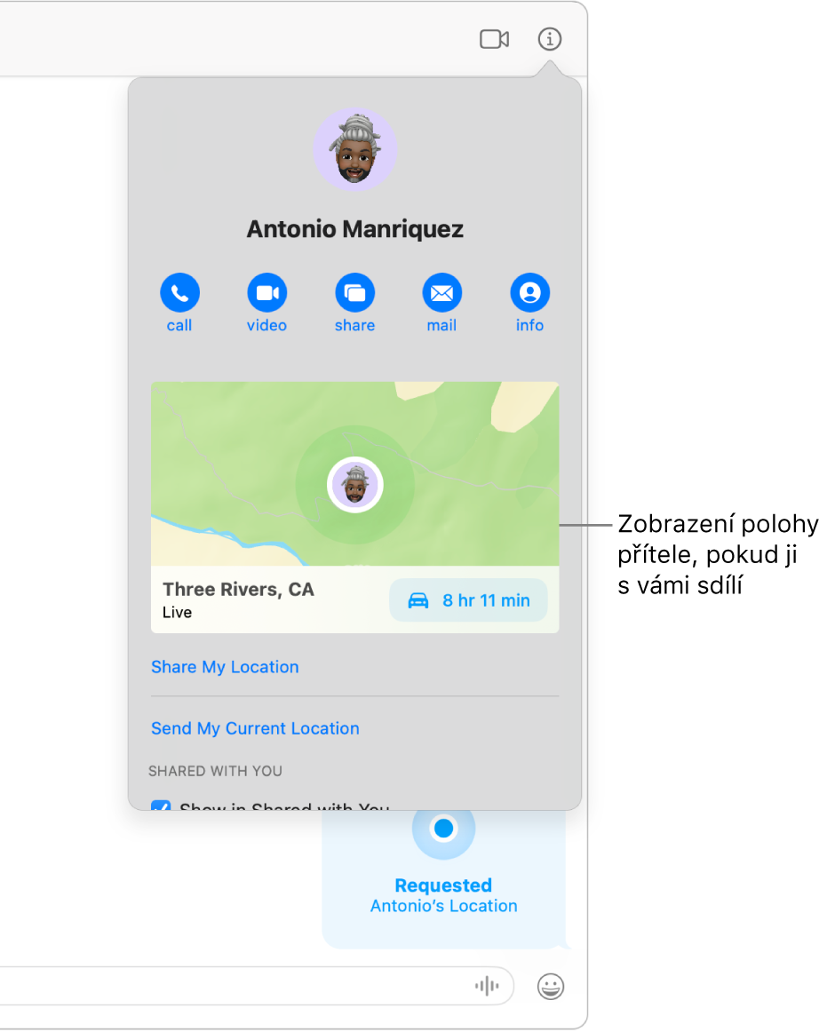 Zobrazení Informace, které uvidíte po kliknutí na tlačítko Informace v konverzaci, s ikonou osoby, která s vámi sdílela polohu, a mapou a adresou jejich polohy