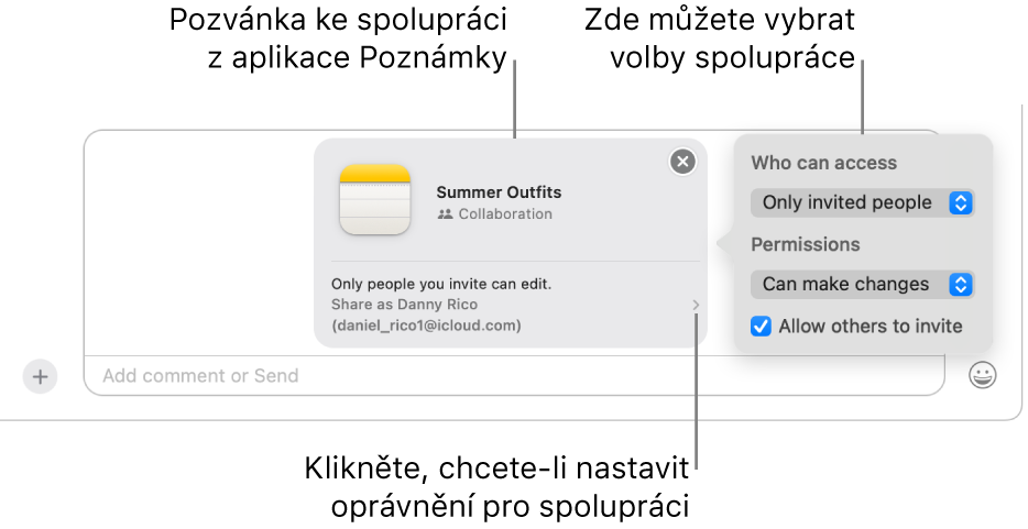 Detailní zobrazení pole textové zprávy na konci konverzace ve Zprávách Je v něm pozvánka ke spolupráci na poznámce Kliknete‑li na pravou stranu pozvánky, můžete nastavit oprávnění pro spolupráci.