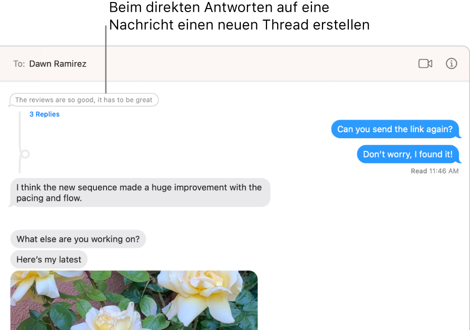 Das Fenster „Nachrichten“ zeigt eine Konversation mit einem neuen Nachrichten-Thread unter einer bestimmten Nachricht.