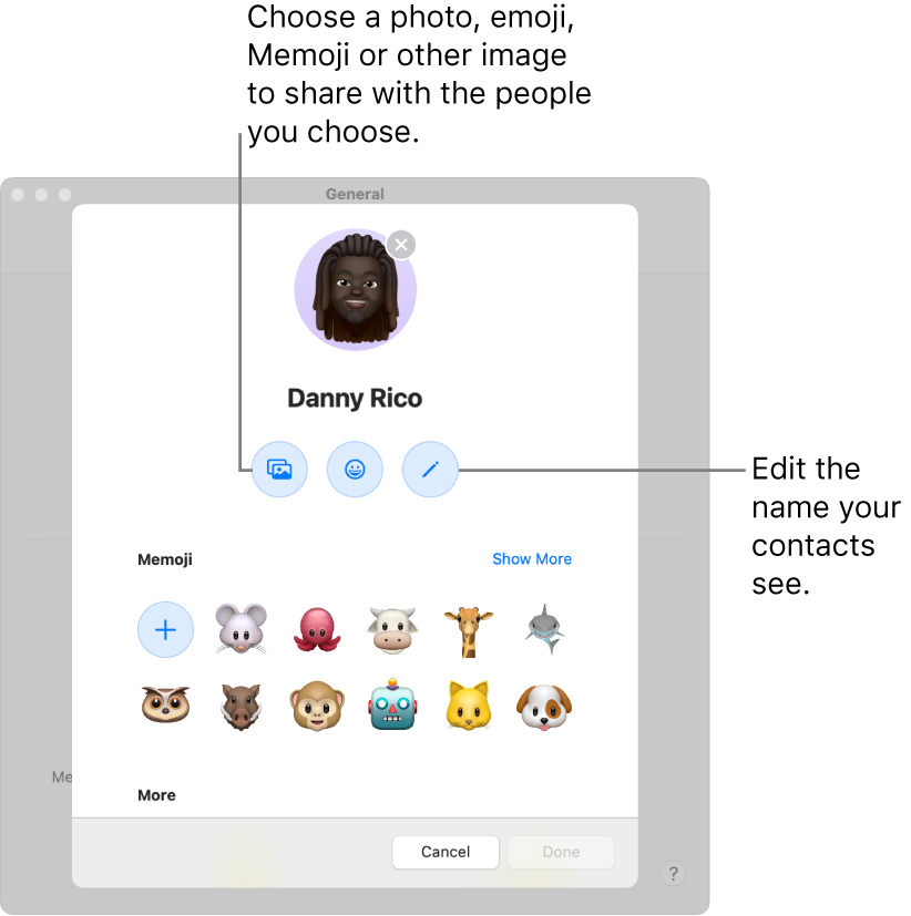 The Name and Photo Sharing dialog, showing options for editing the name your contacts see and choosing a photo, emoji, Memoji or other image.