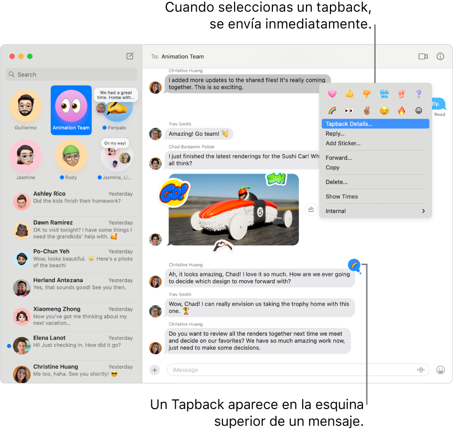 Un Tapback con emoji aparece en la esquina superior de un mensaje, indicando tu respuesta a un mensaje. Un conjunto de opciones de Tapbacks aparece en un menú. Las opciones incluyen Tapbacks clásicos (corazón, un pulgar hacia arriba, un pulgar hacia abajo, JAJA, signos de exclamación y un signo de interrogación) y Tapbacks con emoji.