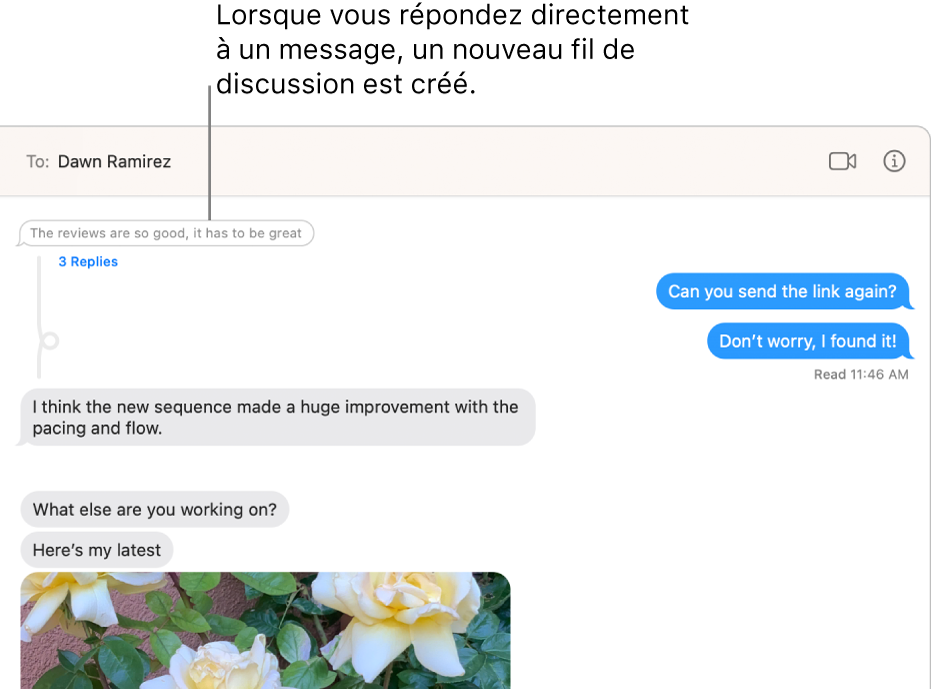 La fenêtre de Messages qui affiche une conversation avec un nouveau fil sous un message donné.