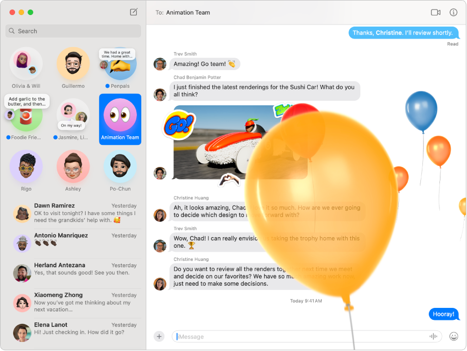 La fenêtre Messages avec plusieurs conversations dans la barre latérale de gauche, ainsi qu’une conversation active sur la droite. La conversation inclut des effets Ballons, une photo et un Tapback sur le dernier message.