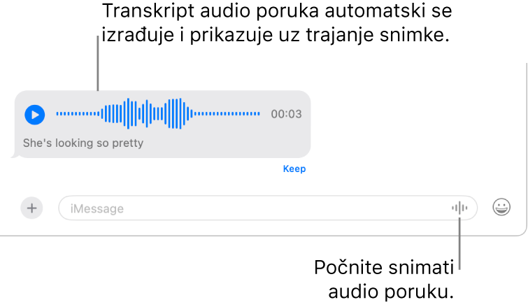 Razgovor u Porukama s tipkom Snimi audio pored polja poruka na dnu prozora. Audio poruka s transkripcijom i snimljenom dužinom prikazuje se u razgovoru.