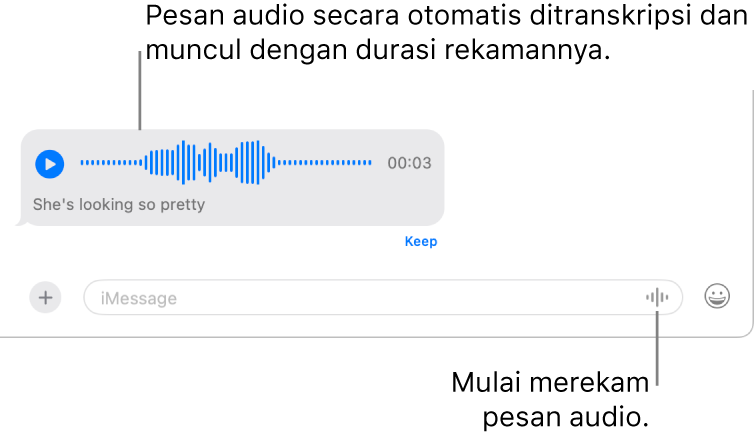 Percakapan Pesan, menampilkan tombol Rekam Audio di samping bidang pesan di bagian bawah jendela. Pesan audio dengan transkripsinya dan panjang yang direkam muncul di percakapan.