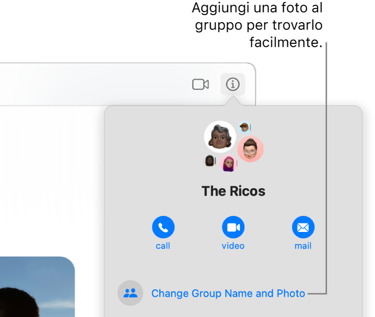 Vista Informazioni di una conversazione di gruppo, che appare quando fai clic sul pulsante Informazioni in una conversazione, con le icone dei membri del gruppo e il nome del gruppo. Sotto il nome del gruppo sono visualizzati i pulsanti per effettuare una chiamata FaceTime audio o video inviare un’email al gruppo. Subito sotto è visualizzato il pulsante per modificare il nome e la foto del gruppo.