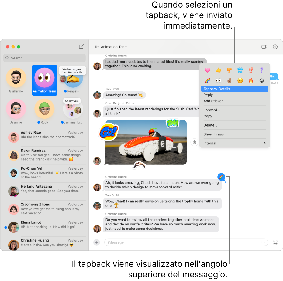 Nell’angolo in alto di un messaggio compare un tapback con emoji, a indicare la tua risposta. In un menu viene mostrata una serie di scelte di tapback. Le scelte includono i tapback classici (cuore, pollice verso l’alto, pollice verso il basso, Ah Ah, punti esclamativi e punto interrogativo) e tapback con emoji.