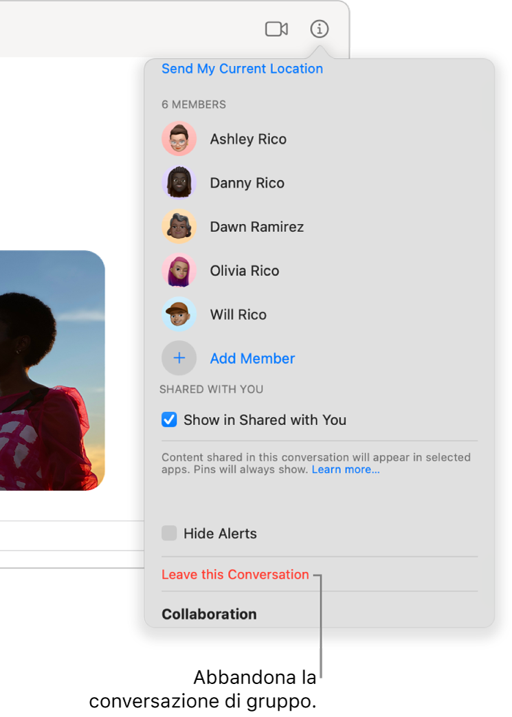 Vista Informazioni, che appare quando fai clic sul pulsante Informazioni in una conversazione. “Lascia questa conversazione” si trova in fondo alla finestra di dialogo.