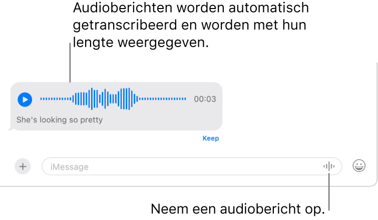 Een gesprek in Berichten met de knop 'Neem audio op' naast het berichtveld onder in het venster. Een audiobericht met de bijbehorende transcriptie en de duur van de opname verschijnen in het gesprek.