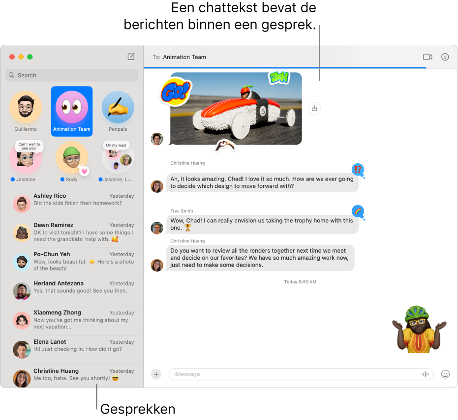 Het Berichten-venster met gesprekken in de navigatiekolom en de uitgeschreven tekst met de berichten in het gesprek.