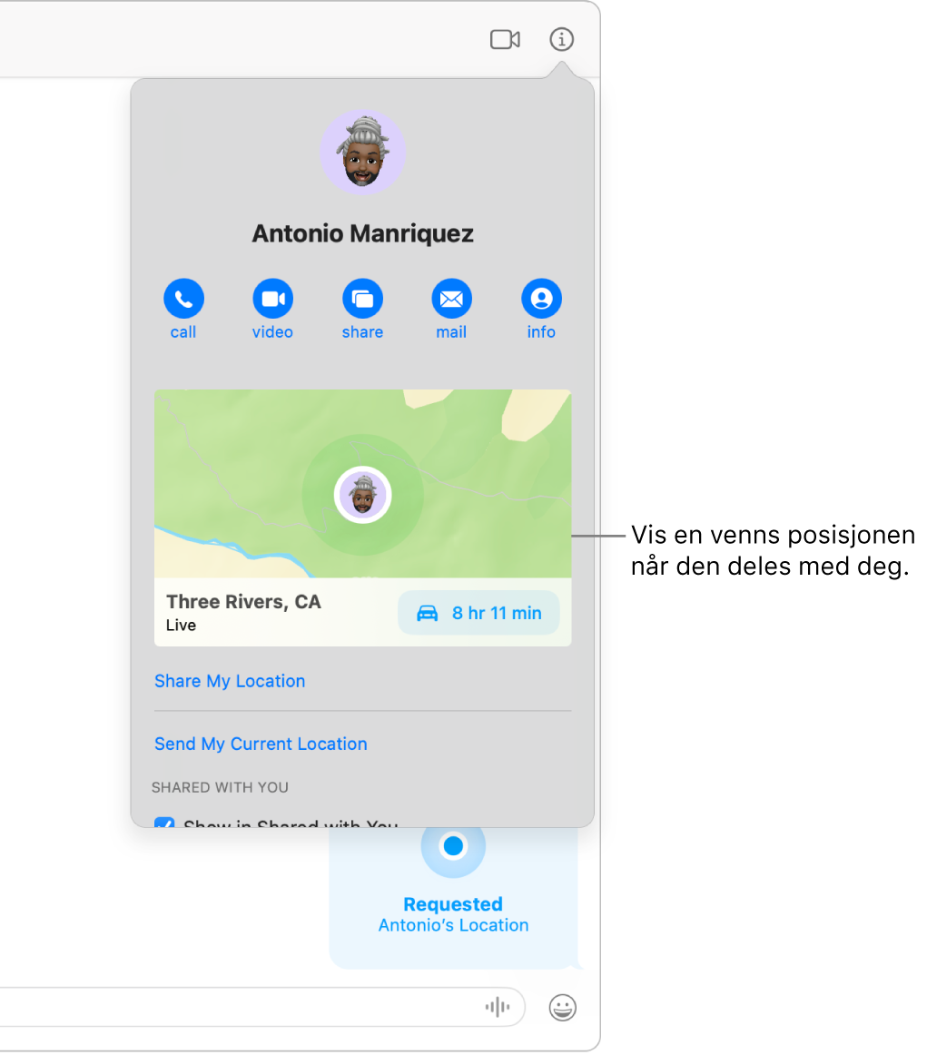 Info-visningen, som vises etter at du klikker på Info-knappen i en samtale, viser symbolet for en person som har delt posisjonen sin med deg, og et kart og adressen til posisjonen.