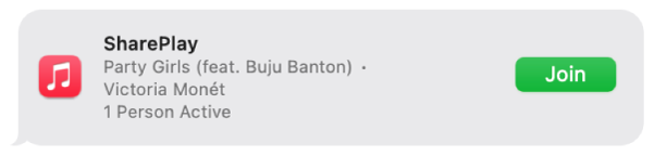 Wiadomość z zaproszeniem do dołączenia do sesji SharePlay i wspólnego słuchania muzyki.