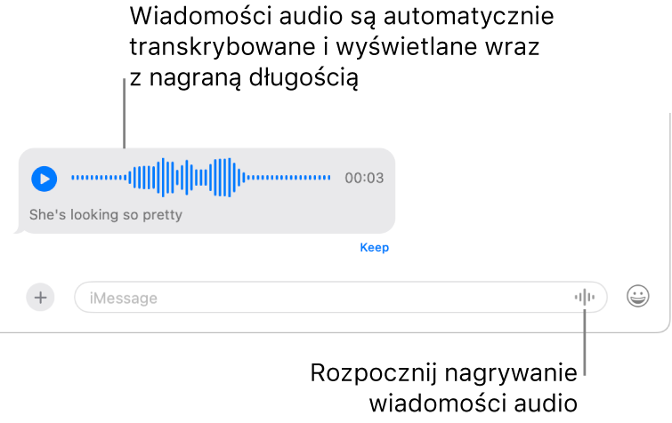 Rozmowa w Wiadomościach. Na dole widoczny jest przycisk nagrywania audio, znajdujący się obok pola wiadomości. W treści rozmowy widoczna jest wiadomość audio z transkrypcją oraz czasem trwania.