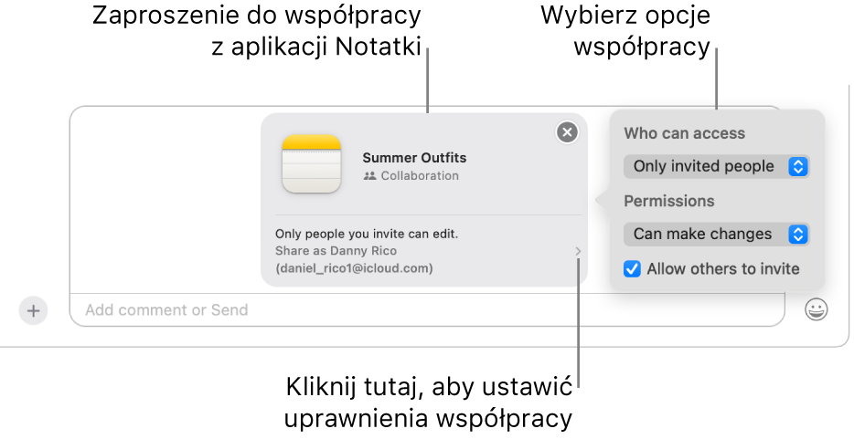 Zbliżenie pola tekstowego na dole rozmowy w Wiadomościach. Widoczne jest zaproszenie do współpracy nad notatką. Możesz kliknąć w prawą stronę zaproszenia, aby ustawić uprawnienia dotyczące współpracy.