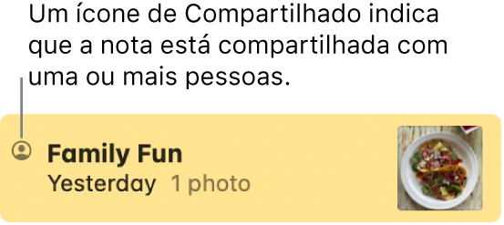 Uma nota que foi compartilhada com outras pessoas em uma conversa no app Mensagens, com o ícone Compartilhado à esquerda do nome da nota.